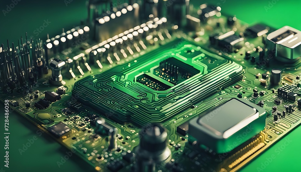 Obraz premium Modern microchip or circuit board manufacturing background close up view. Computer micro chip Macro Photography- Electronic Chip, Motherboard. cyberspace, big data, cyber, intelligence, binary concept