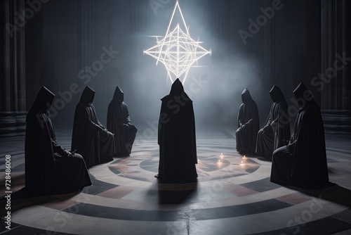 A solemn assembly of cloaked figures in a grand cathedral, encircling a glowing geometric symbol suspended in mid-air, with ambient light casting a serene yet enigmatic mood