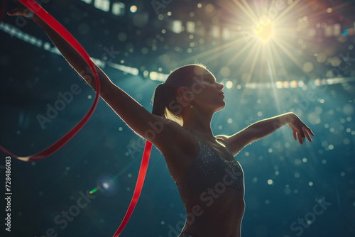 Beautiful young woman gymnast with ribbon posing on stage under spotlights