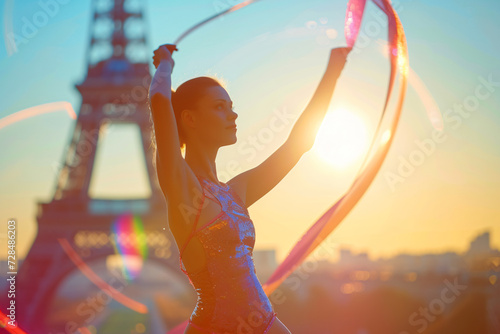 Beautiful girl gymnast with ribbon on the background Paris photo