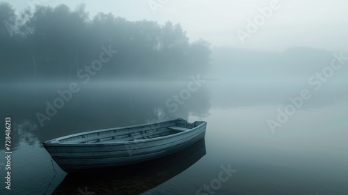 Solitary boat on great foggy lake  empty boat