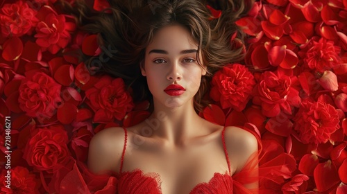 The girl in a red dress lying on the floor in the petals of red roses. Background of red rose petals. Red lipstick on the lips, Valentine's Day. Loving girl. Greeting card, Women day