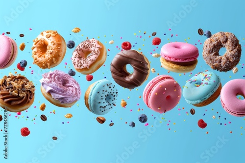 A colorful and whimsical display of sugary treats, as donuts with various toppings float through the air in a mouthwatering dance of sweetness and confectionery bliss photo