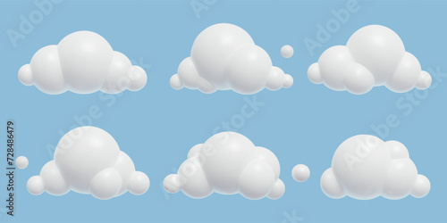 Clouds 3D realistic vector illustrations. Three dimensional baby toy cartoon plastic summer sky elements collection.