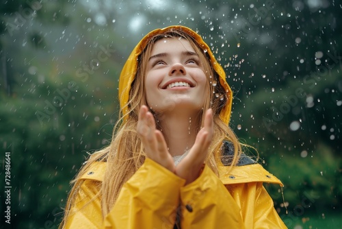 A cheerful woman in a bright yellow raincoat gazes up at the falling rain, her smile shining through the dreary weather photo