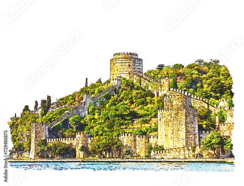Rumelihisarı ( Rumelian Castle or Roumeli Hissar Castle), a medieval fortress located in Istanbul, Turkey, on a series of hills on the European banks of the Bosphorus, color pencil sketch illustration photo
