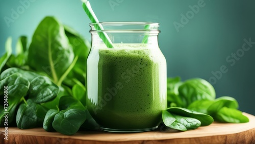 Smoothies in a glass jar standing next to spinach.