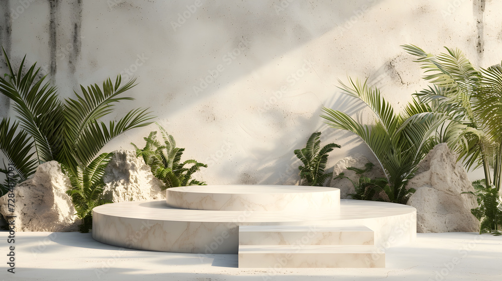 Fototapeta premium Podium minimal display fashion abstract luxury with plant, beauty shadow for banner mockup or showcase cosmetic wallpaper sale art.