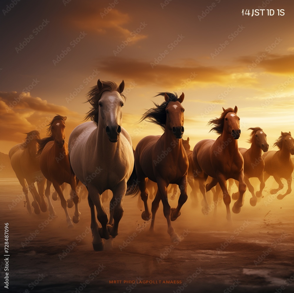 Fototapeta premium a majestic horse herd, bathed in the warm, golden hues of a sunset.