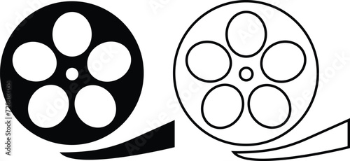 Film reel icon set. Black movie reel icon in vintage style. Old retro reel with film strip flat or line vector collection isolated on transparent background. Photographic, Curved film strip PNG.