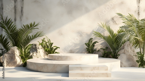 Podium minimal display fashion abstract luxury with plant, beauty shadow for banner mockup or showcase cosmetic wallpaper sale art.