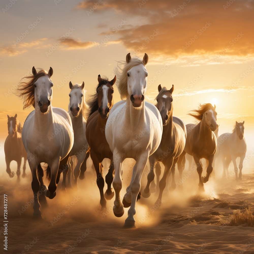 a horse herd illuminated by the soft glow of a sunrise. a horse herd illuminated by the soft glow of a sunrise.