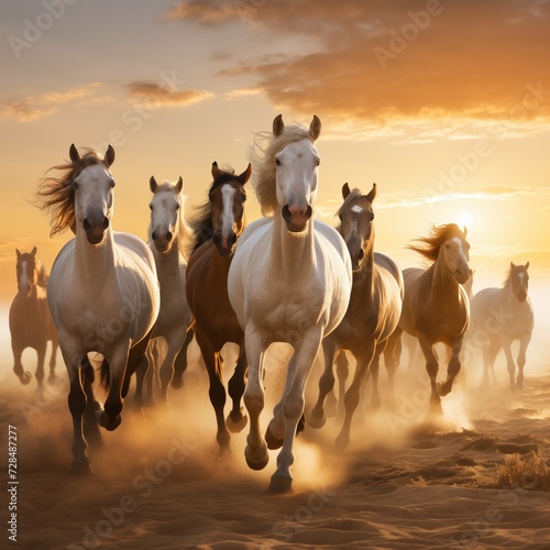 a horse herd illuminated by the soft glow of a sunrise.