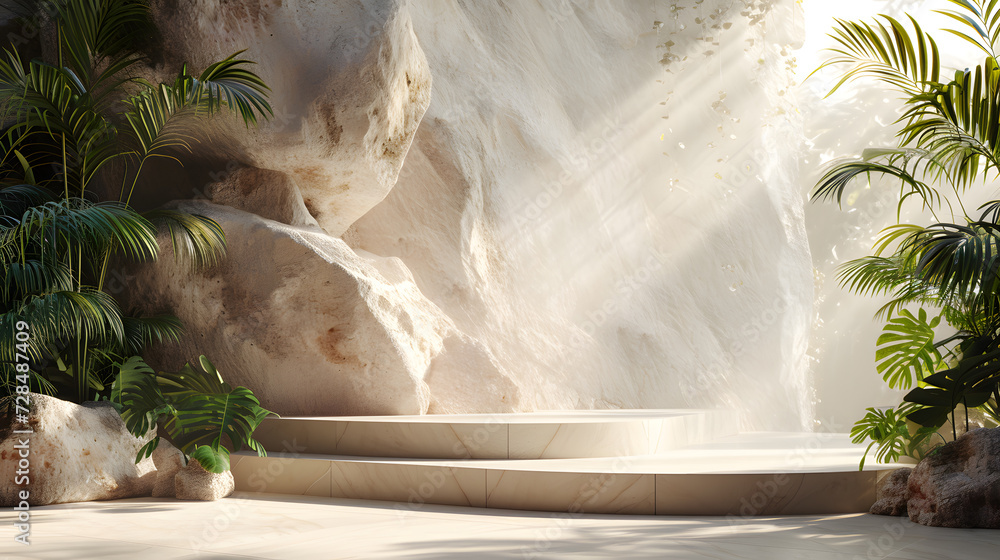 Obraz premium Podium minimal display fashion abstract luxury with plant, beauty shadow for banner mockup or showcase cosmetic wallpaper sale art.