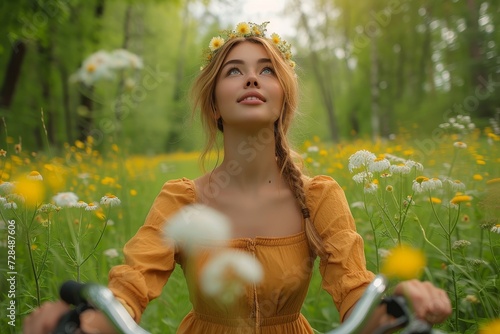 A free-spirited woman, adorned with a crown of vibrant flowers, joyfully pedals her bicycle through a field of green grass and blooming yellow plants, surrounded by the beauty of nature