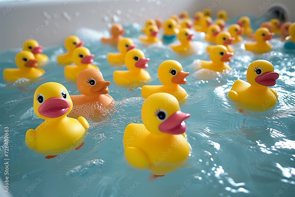 A cheerful flock of yellow rubber ducks enjoy a leisurely dip in a cozy indoor bathtub, their playful antics bringing a splash of joy to the mundane routine of bath time A cheerful flock of yellow rubber ducks enjoy a leisurely dip in a cozy indoor bathtub, their playful antics bringing a splash of joy to the mundane routine of bath time