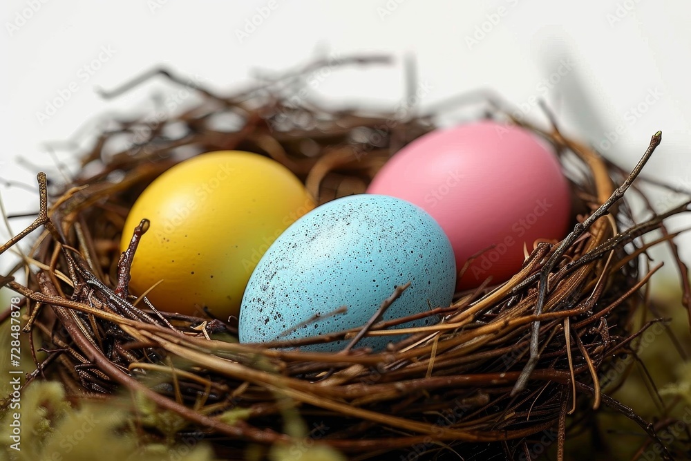 A delicate aerie cradling precious eggs, a symbol of new life and the coming of spring, adorned with intricate decorations like a bird's nest on easter morning A delicate aerie cradling precious eggs, a symbol of new life and the coming of spring, adorned with intricate decorations like a bird's nest on easter morning