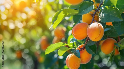 Ripe and fresh apricotes on a branch in orchard banner with copy space