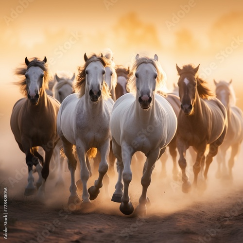 a horse herd , illuminated by the soft glow of a sunrise.