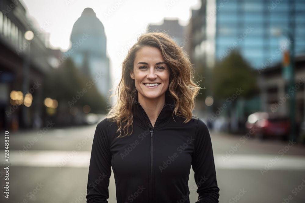 Urban Chic: A stylish woman in a black quarter-zip pullover taking in the city's vibrant energy Urban Chic: A stylish woman in a black quarter-zip pullover taking in the city's vibrant energy