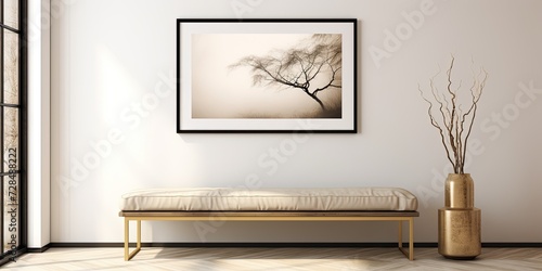 Black and white artist's apartment with a gold bench and framed art on a blank wall in a minimalist style.