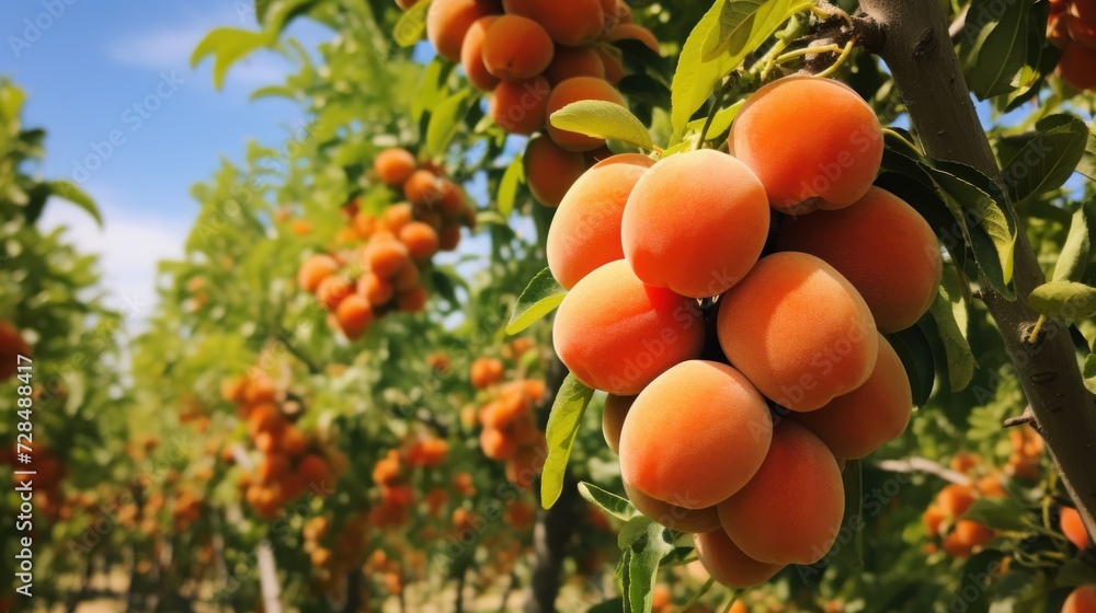 Close up of ripe and fresh apricotes on a branch in orchard banner	