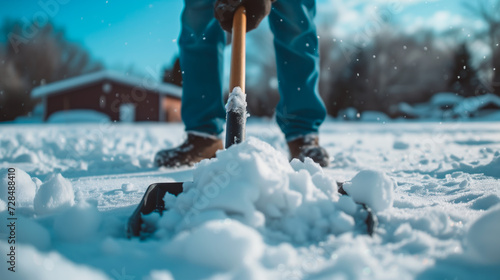 Person shoveling deep snow from the driveway or sidewalk during a winter day, depicting cold weather maintenance work and chores.