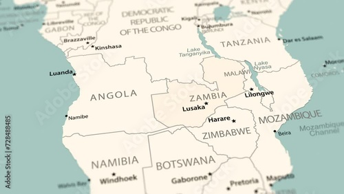 Zambia on the world map. Smooth map rotation. 4K animation. photo