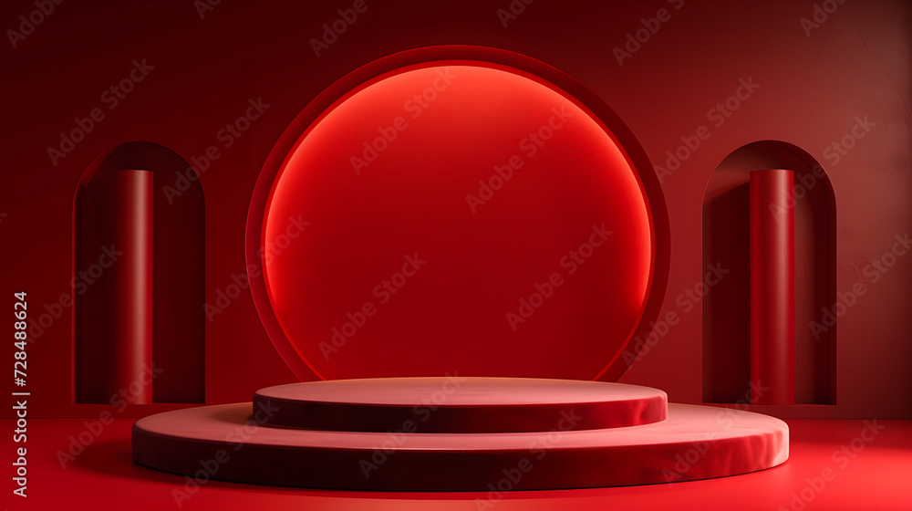 Red podium with a luxurious background, red podium with red curtains, a place to display products, a podium to advertise a product Red podium with a luxurious background, red podium with red curtains, a place to display products, a podium to advertise a product