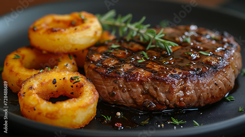 beef steak with blackpepper sauce and onion rings photo