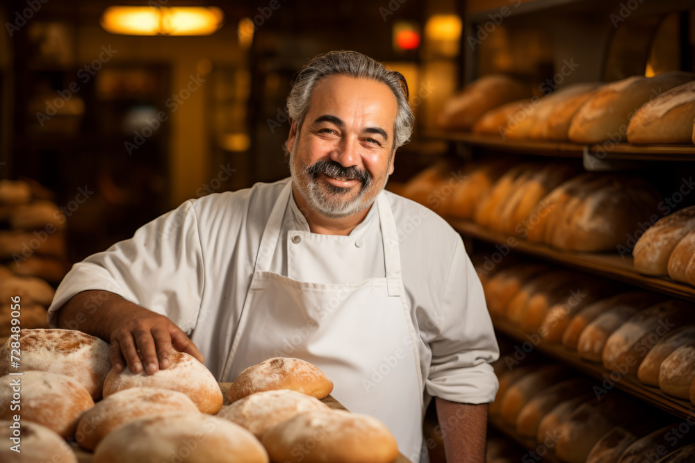 A Content Baker Reveling in the Comforting Ambience of His Rustic Bakery, Filled with the Aroma of Freshly Baked Loaves A Content Baker Reveling in the Comforting Ambience of His Rustic Bakery, Filled with the Aroma of Freshly Baked Loaves