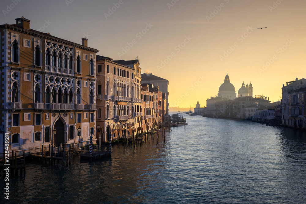 Morning Landscape in Venice over Grand canal to Punta della Dogana at Sunrise in Winter
