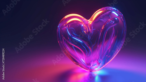 3d transparent glass-like heart shape in neon colors background. Fluid abstract sculpture. Glowing heart shaped object in style of realistic neo-realism. Trendy romantic wallpaper for Valentines Day.