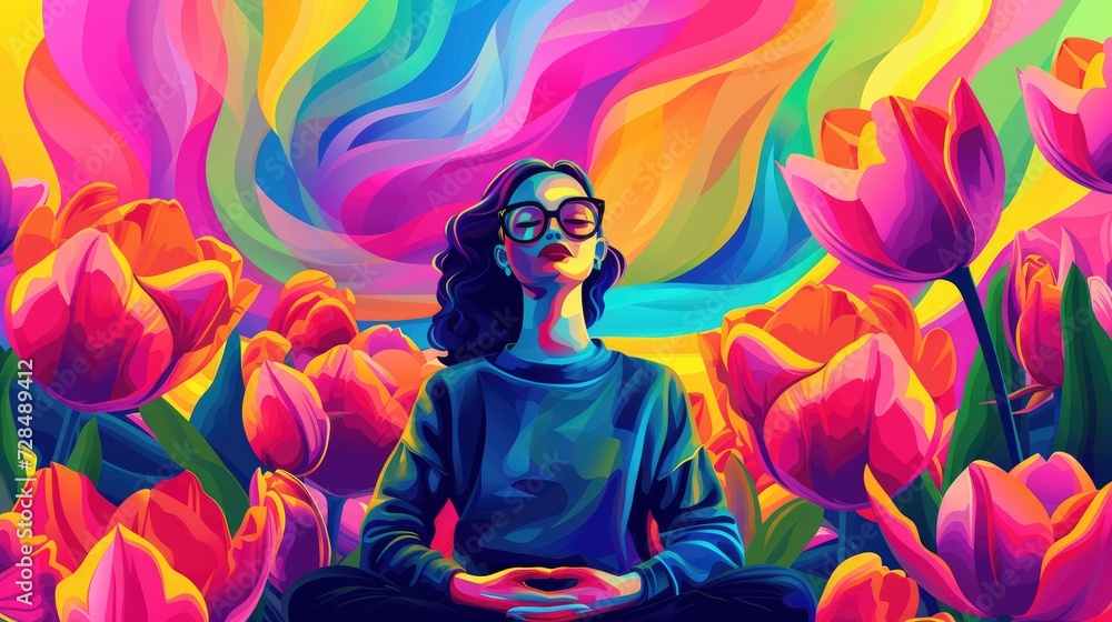 Colorful Pop art abstract illustration of a girl meditating among tulips, retro style
