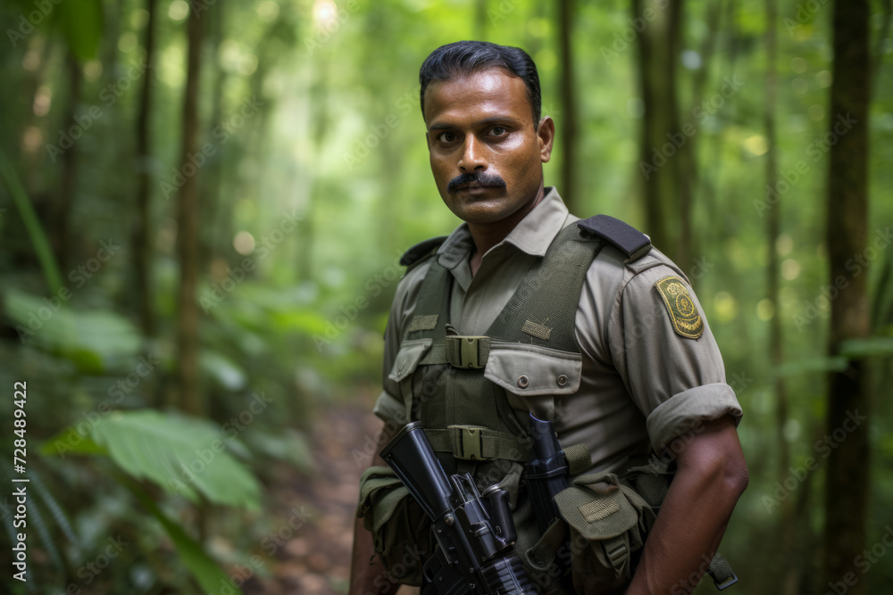 Portrait of a committed Conservation Officer, surrounded by the vibrant wilderness he's sworn to protect