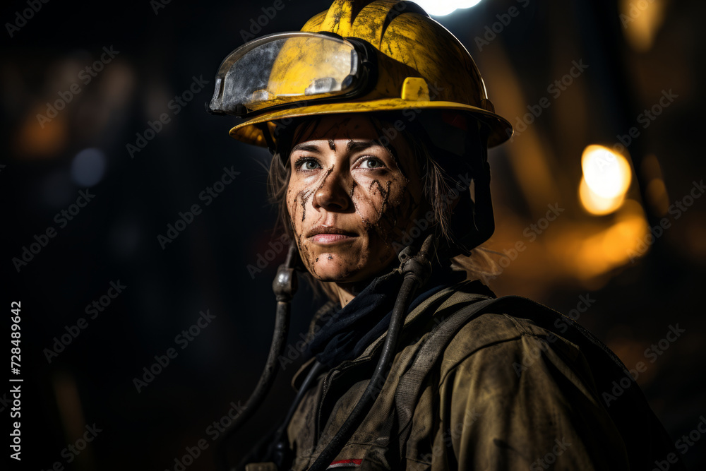 Fototapeta premium A Glimpse into the Life of a Brave Female Miner, Surrounded by the Shadows of the Underground Mine