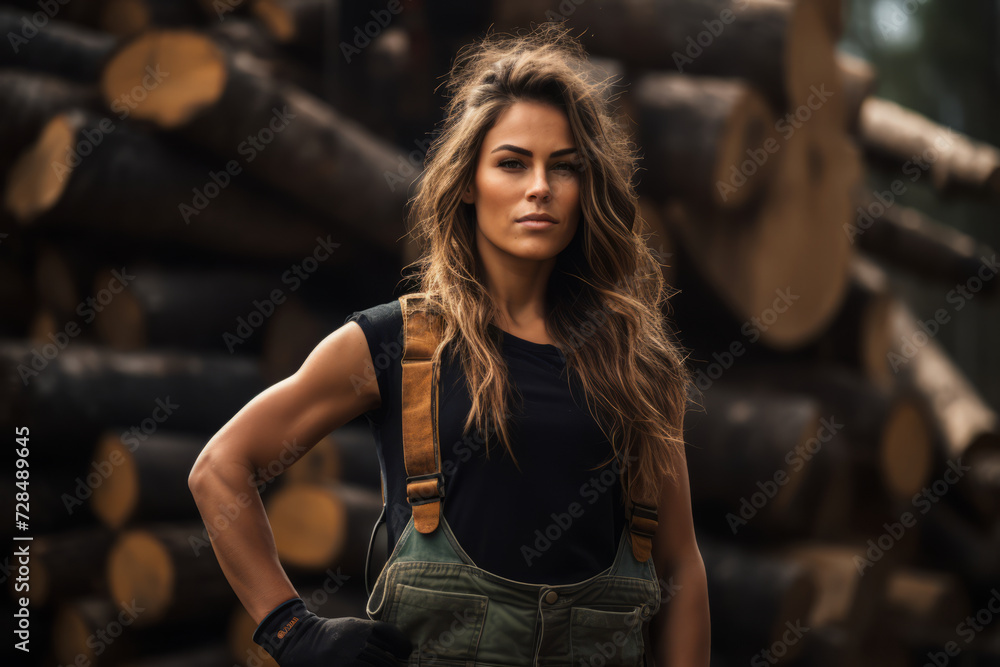 Portrait of a Determined Woman Lumberjack Amidst the Rustling Leaves and Sturdy Logs