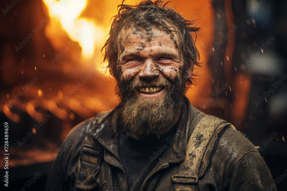 The Face of Industry: A Smiling Foundry Worker Amidst the Heat and Flames The Face of Industry: A Smiling Foundry Worker Amidst the Heat and Flames