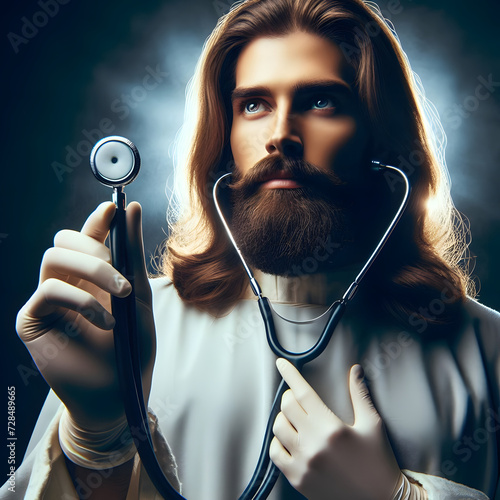 Jesus Christ as a doctor examining human heart photo