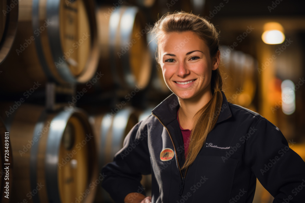 Naklejka premium A Dedicated Female Brewmaster in Her Element, Surrounded by the Tools of Her Craft in a Traditional Brewery