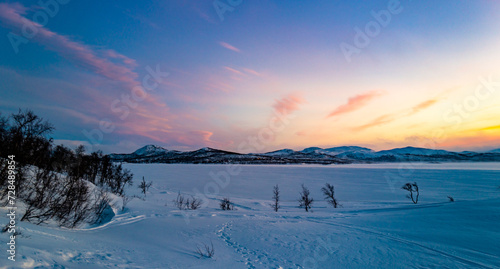 Pink sky and blue snow. Winter sunset in Finland