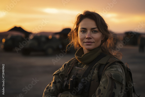 A Glimpse into the Life of a Female Military Trainer: A Sunset Portrait Amidst the Bustle of a Military Base