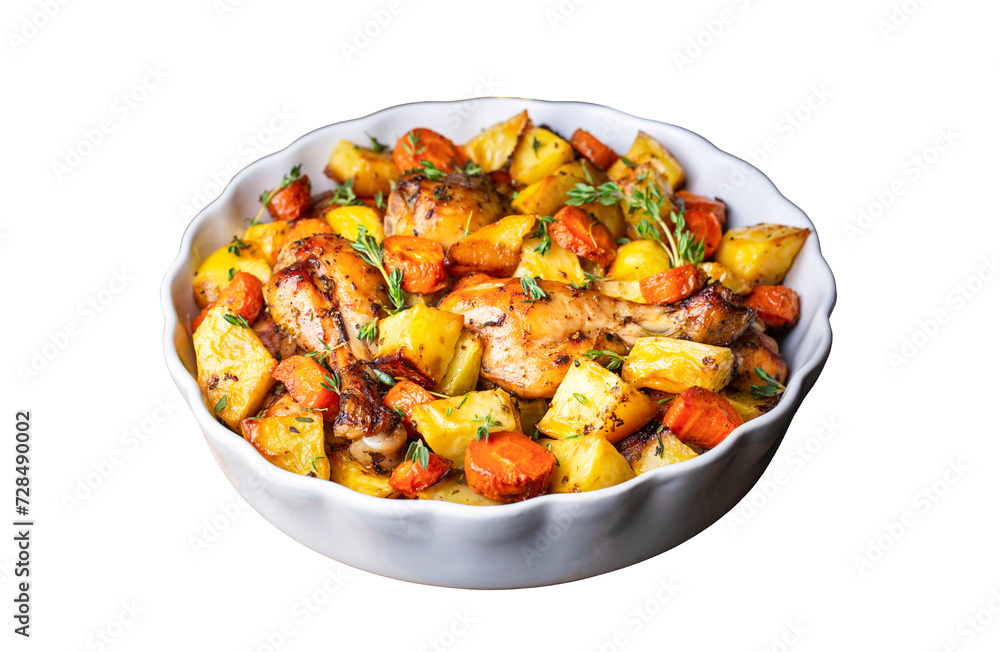 Baked chicken thighs and fried potatoes look delicious. Baked chicken thighs and fried potatoes look delicious.