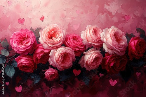 Captivating painting of delicate pink roses creates a charming background wallpaper texture  evoking feelings of love  romance  and the essence of Valentine s Day