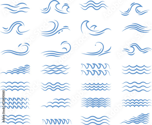 Sea wave icon set. Water logo  line ocean symbol in vector trendy flat style. Various waves water lake river blue linear bundle collection package design isolated on transparent background.