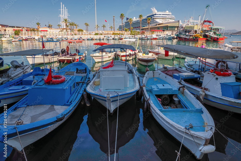 Marina with fishing boats in the port of Kusadasi, Türkiye