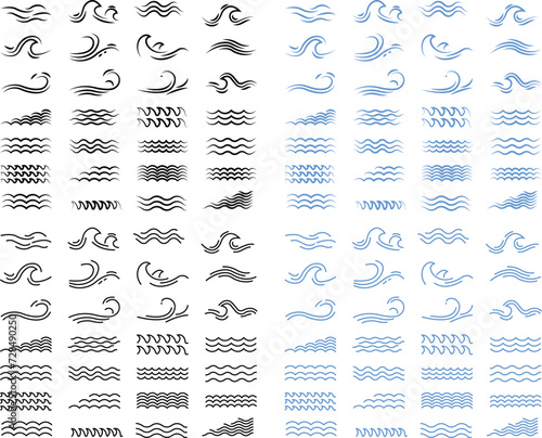 Sea wave icon set. Water logo  line ocean symbol in vector trendy flat style. Various wave water lake river blue and black linear bundle collection package design isolated on transparent background.