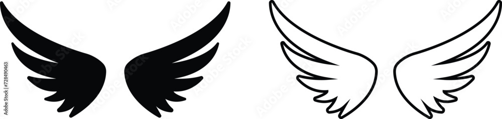 Set of black wings icons. Wings badges collection wings flat or line vector isolated on transparent background. Symbol in outline art trendy style for design, Presentation, Website or App Element Logo