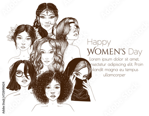 Vector illustration for International Women's Day. Set of 7 girls of different nationalities