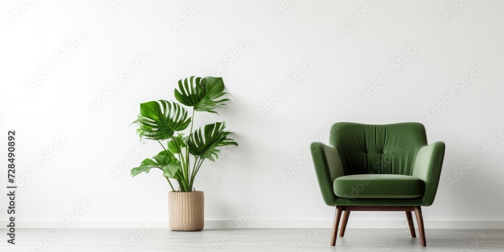 Green armchair in white room with table and plant.